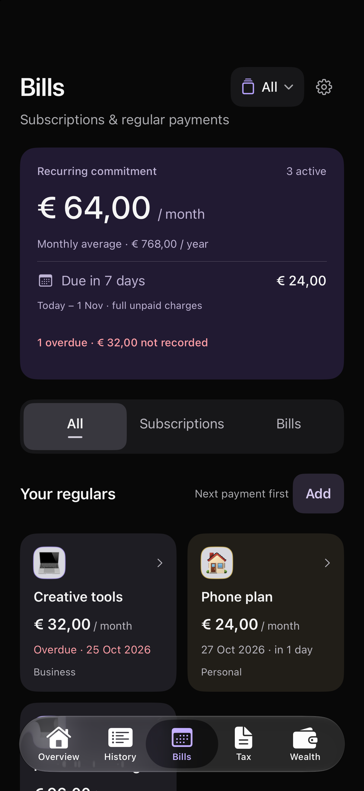 Freely Bills showing example subscriptions, amounts and payment dates.