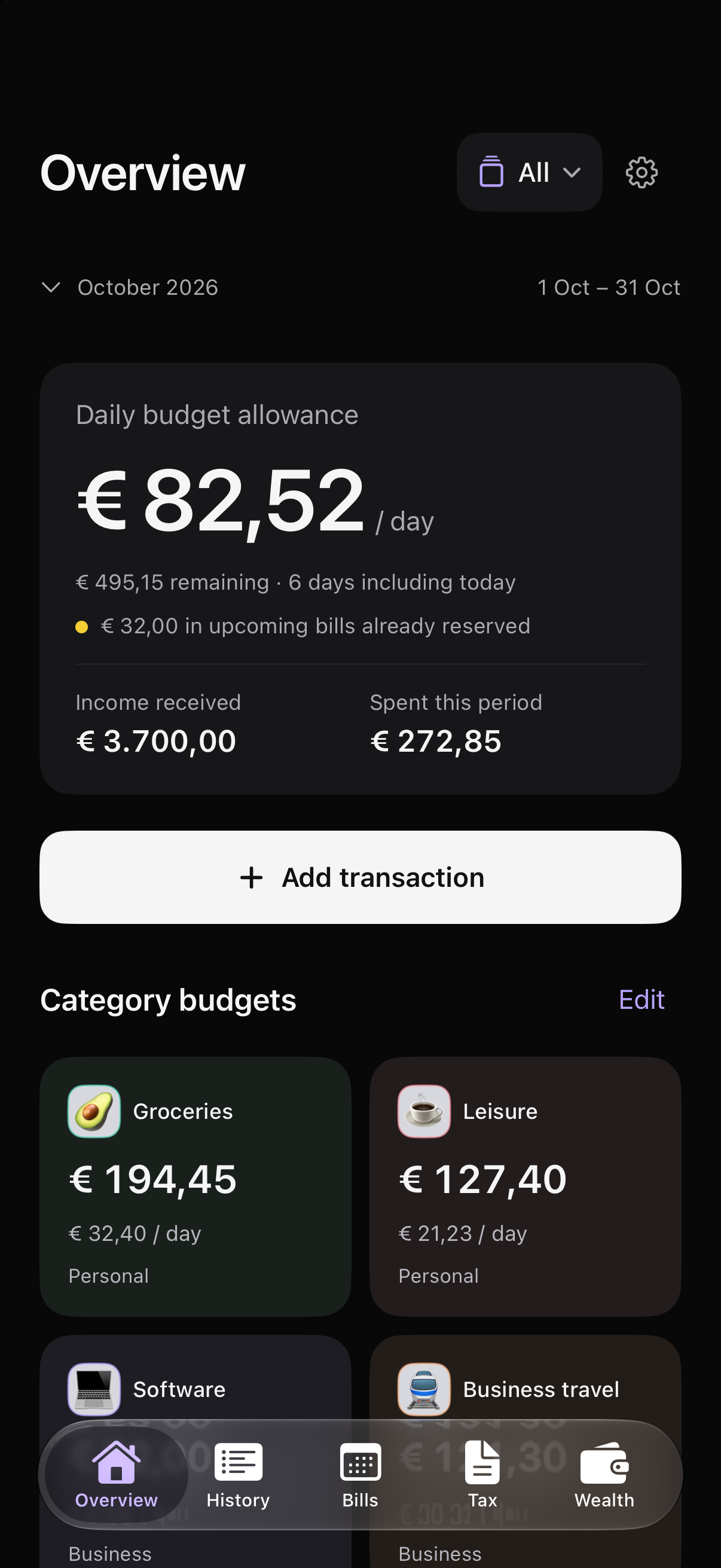 Freely Overview showing an example daily budget allowance and category budgets.